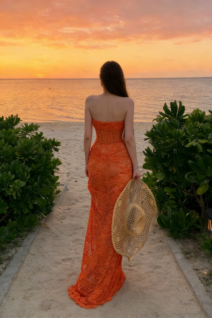 Unique Orange Lace Mermaid Prom Dress Strapless Illusion Beach Event Gown,OLP2125