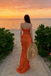 Unique Orange Lace Mermaid Prom Dress Strapless Illusion Beach Event Gown,OLP2125