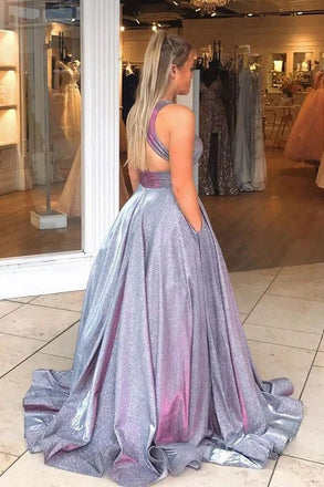 Gorgeous Gray V-Neck A-Line Long Prom Dress Ideas, Evening Party Dresses, OLP1284
