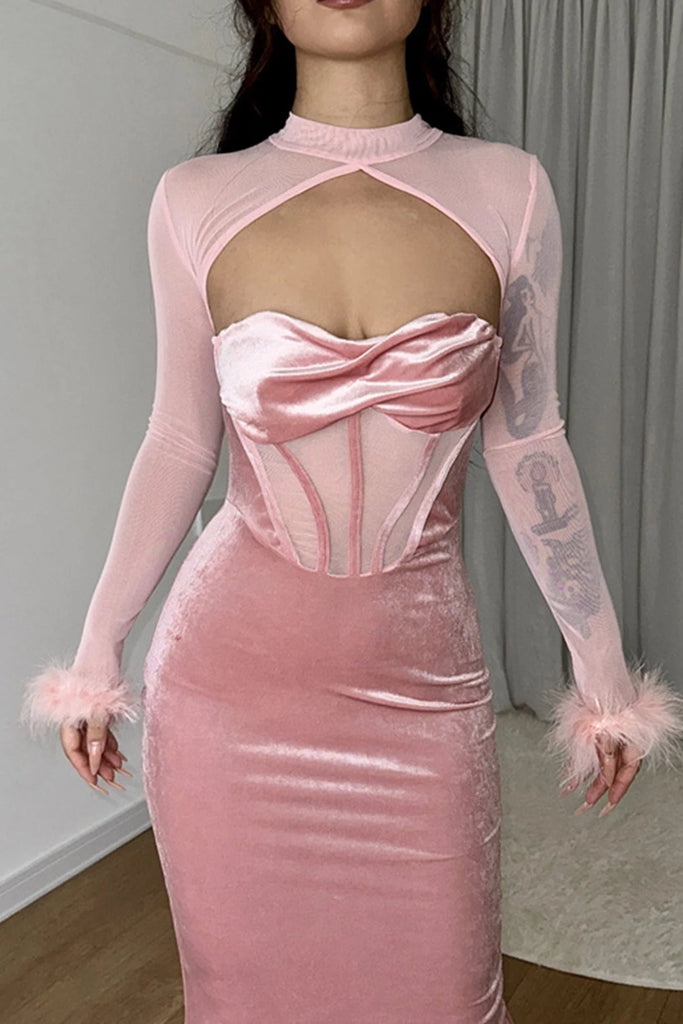 Sexy Pink Velvet Long Sleeve Mermaid Long Prom Dress Ideas, Evening Party Dresses, OLP1398