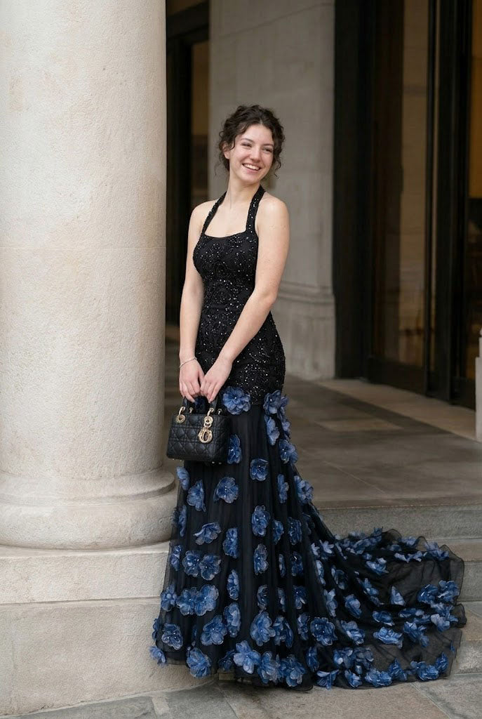 Unique Black Halter Formal Gown Elegant 3D Floral Applique Mermaid Prom Dress,OLP2309