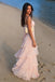 Classy Blush Pink V-Neck Spaghetti Strap Long Prom Dress with Textured Lace,OLP2371