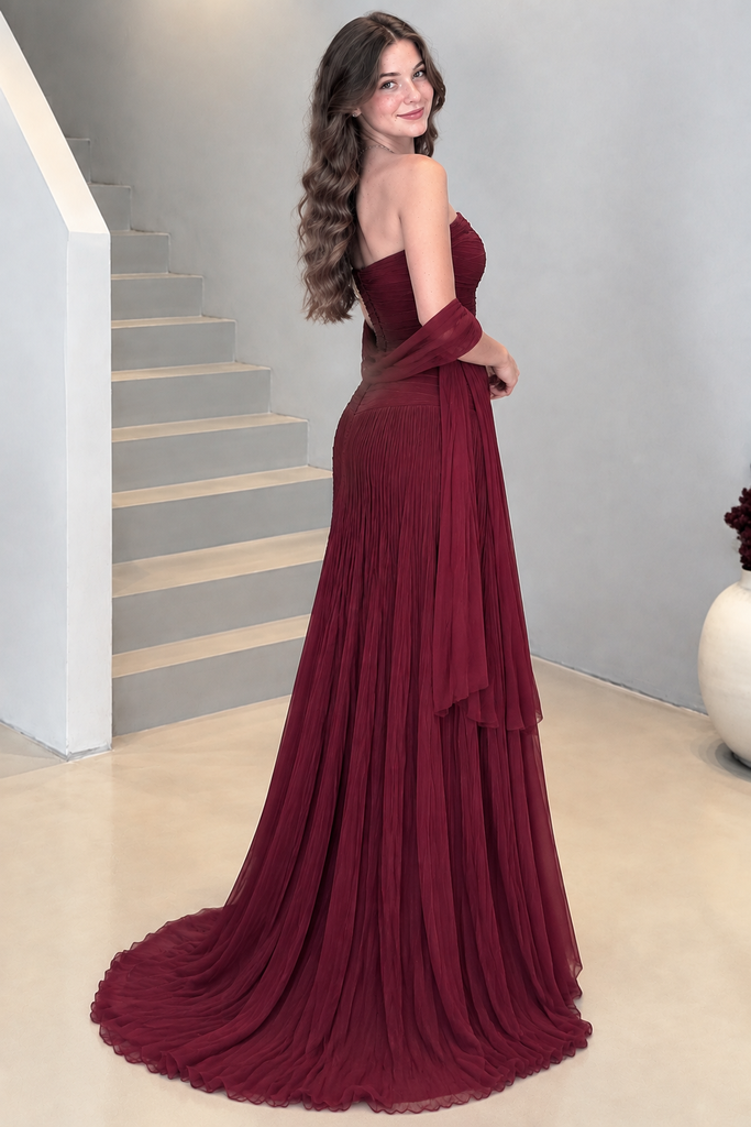 Sexy Draped Ruched Strapless Mermaid Burgundy Prom Dress ,OLP2411
