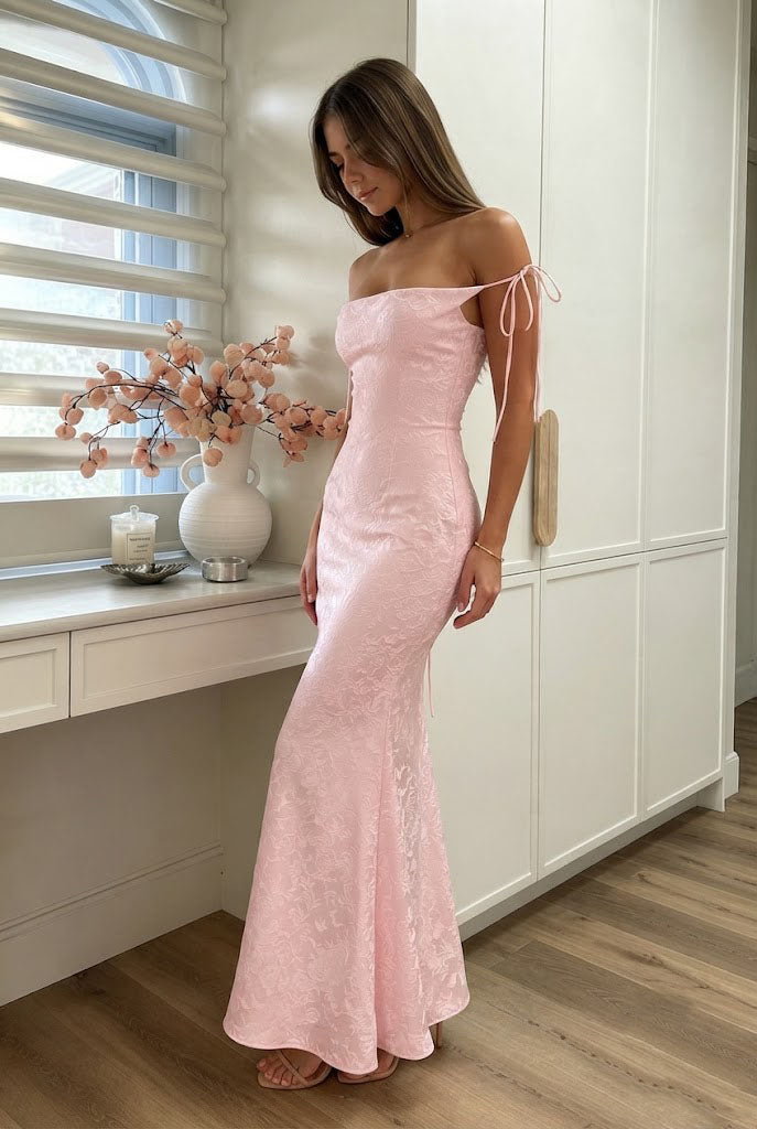 Elegant Pink Jacquard Mermaid Prom Dress With Fancy Tie-Shoulder Detail,OLP2380