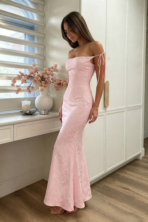 Elegant Pink Jacquard Mermaid Prom Dress With Fancy Tie-Shoulder Detail,OLP2380
