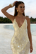 Shimmering Sequin V Neck Sheath Prom Gown Elegant Light Yellow High Slit Slit Gown,OLP2138