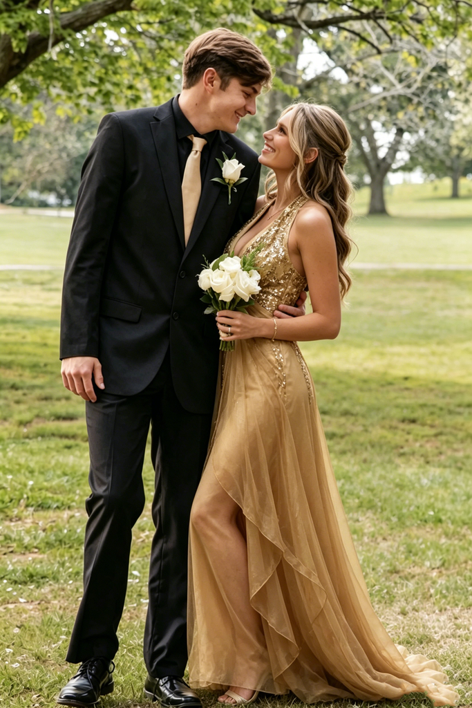 Classy Gold Sequined Halter Prom Dress Unique Backless A Line Formal Gown,OLP2279