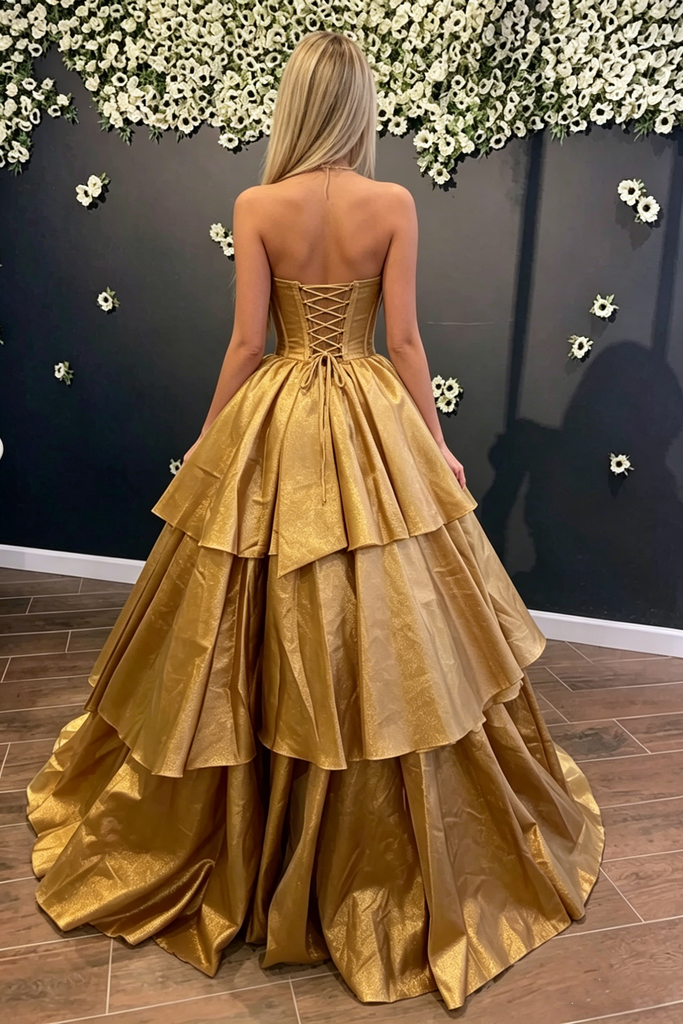 Unique Strapless Corset Gold Pleated Ruffled Gown with Big Bow for Prom,OLP2208