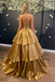 Unique Strapless Corset Gold Pleated Ruffled Gown with Big Bow for Prom,OLP2208