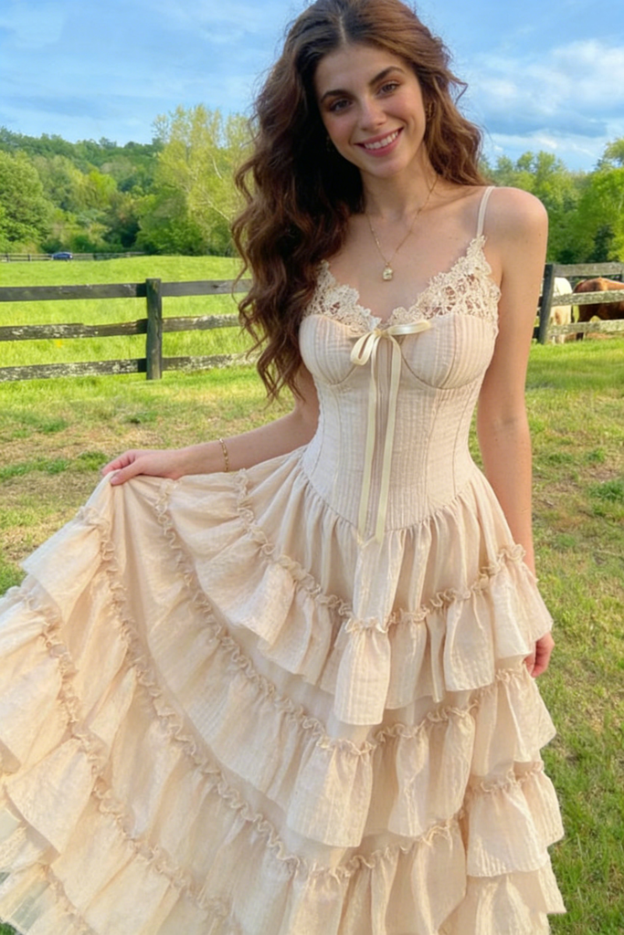 Elgant Pink Tiered Ruffle Prom Gown with Lace Bodice plus Bow Detail,OLP2034