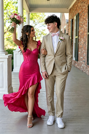 Sparkly Fuchsia Sequin High-Low Prom Dress with Ruffles,OLP2228