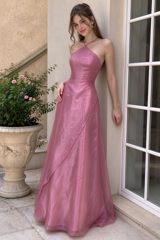 Fancy Rose Red Halter Crystal Embellished Prom Dress Slit Long Tulle Gown,OLP2446