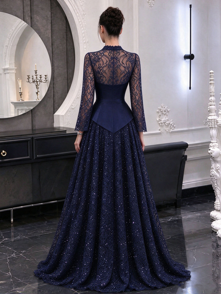 Classy Navy Blue High-Neck Long Sleeve Ball Gown Fancy Beaded Lace Prom Dress,OLP2442