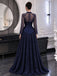 Classy Navy Blue High-Neck Long Sleeve Ball Gown Fancy Beaded Lace Prom Dress,OLP2442
