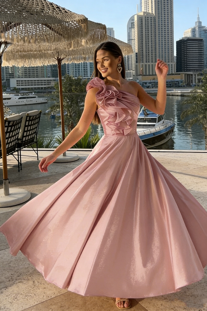 Modern Pink One-Shoulder Tea Length Prom Dress Dramatic Ruffle Detail,OLP2103