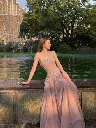 Elegant Blush Pink Strapless Prom Dress Unique Sequin Bodice Flowy Gown,OLP2296