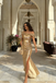 Glamorous Gold Sequin Formal Gown Ruched Bodycon Fit Off-Shoulder Sleeve,OLP2065