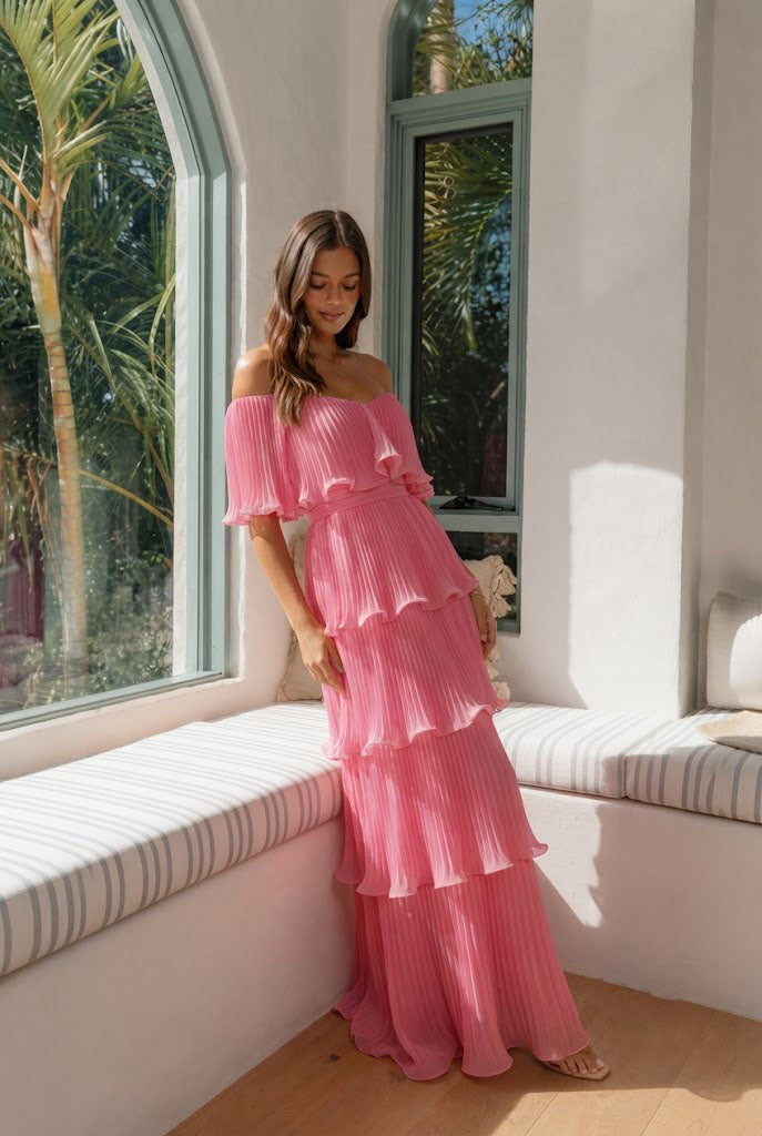 Stunning Pink Pleated Off-the-Shoulder Short Sleeve Maxi Prom Dress Classy,OLP2367