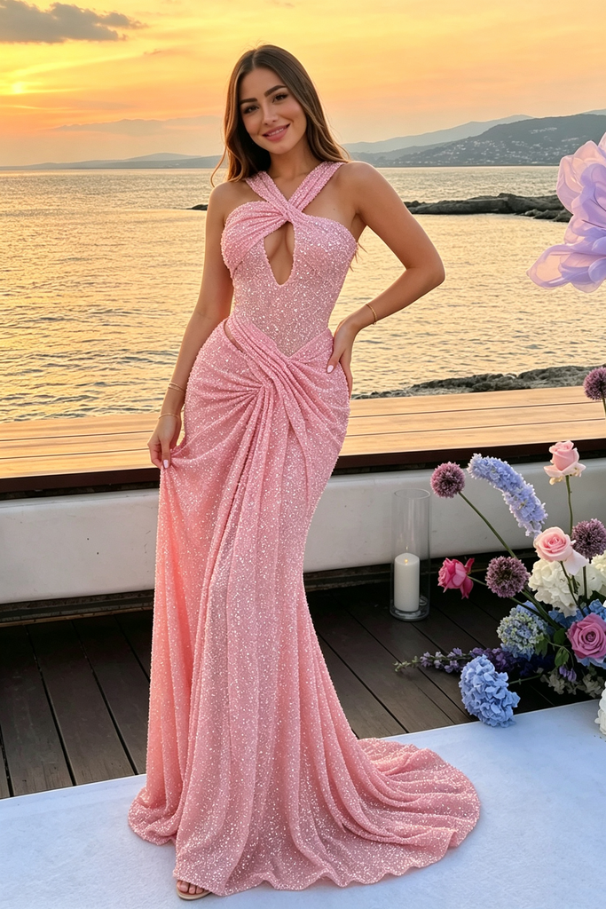 Classy Pink Sequin Mermaid Prom Dress Beautiful Crisscross Neck Gown,OLP2333