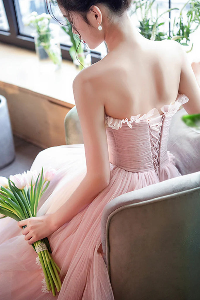 Classy Pink Pleated Tulle Prom Dress Strapless A Line Floor Length Gown,OLP2201