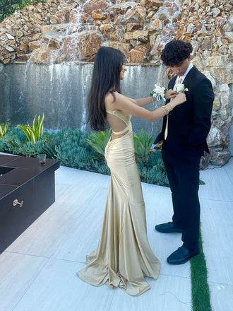 Elegant Champagne Satin Formal Evening Gown Slim Fit Mermaid Style Sleeveless Prom Dress,OLP1753