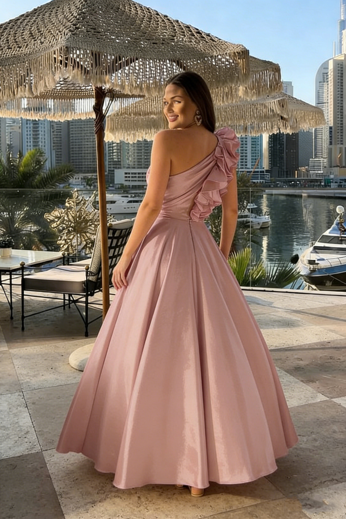 Modern Pink One-Shoulder Tea Length Prom Dress Dramatic Ruffle Detail,OLP2103