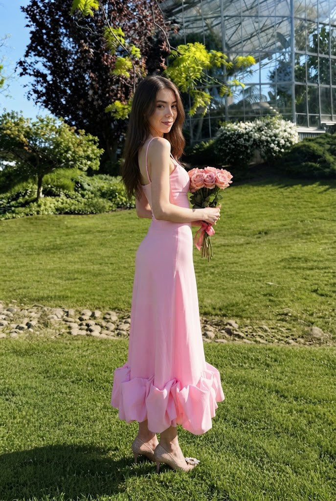 Charming Pink Spaghetti Strap A-Line Ruffle Midi Prom Dress,OLP2375