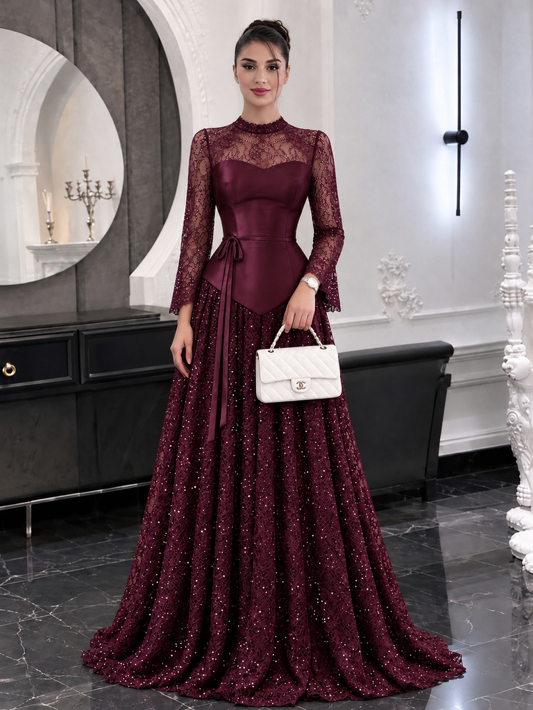Classy Navy Blue High-Neck Long Sleeve Ball Gown Fancy Beaded Lace Prom Dress,OLP2442