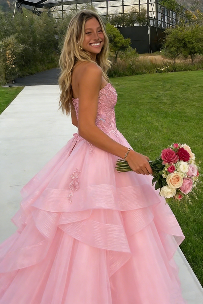 Unique Pink Tiered Tulle Ball Gown Strapless Applique Formal Prom Dress,OLP1802