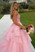 Unique Pink Tiered Tulle Ball Gown Strapless Applique Formal Prom Dress,OLP1802