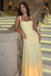 Beautiful Pastel Yellow Chiffon Evening Gown Sleeveless Ruched Floor Prom Dress,OLP2317