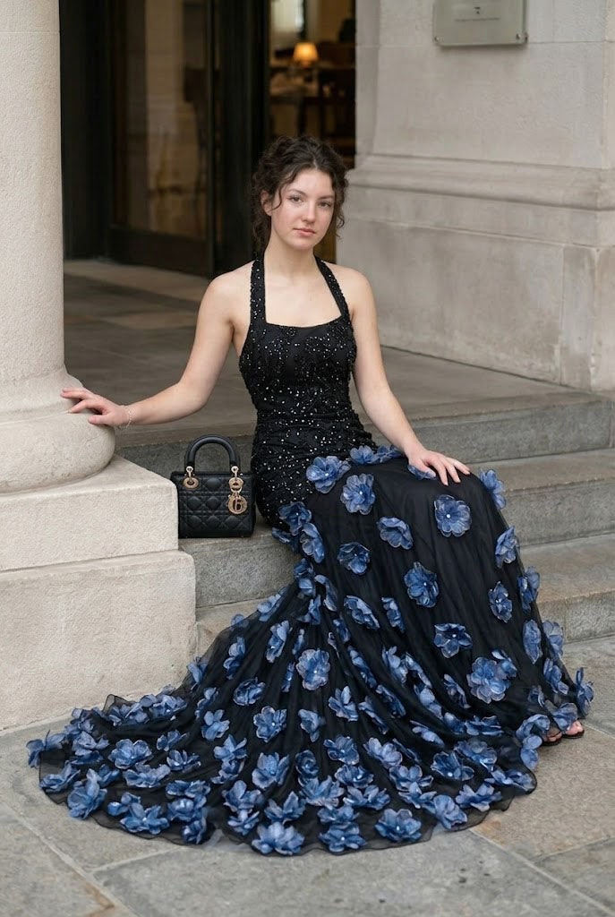 Unique Black Halter Formal Gown Elegant 3D Floral Applique Mermaid Prom Dress,OLP2309
