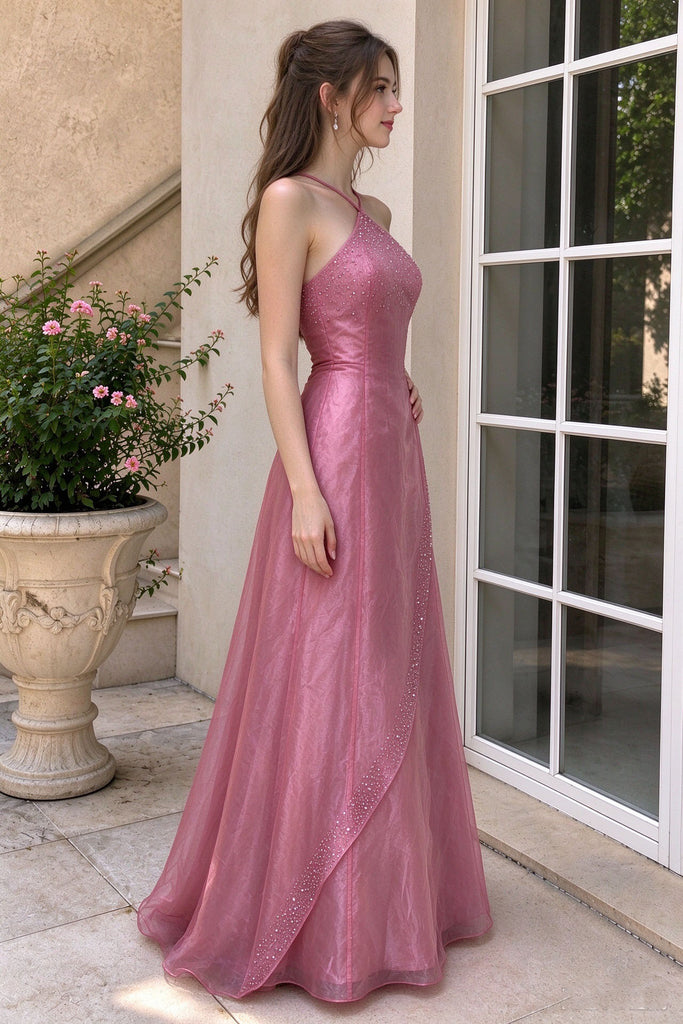 Fancy Rose Red Halter Crystal Embellished Prom Dress Slit Long Tulle Gown,OLP2446