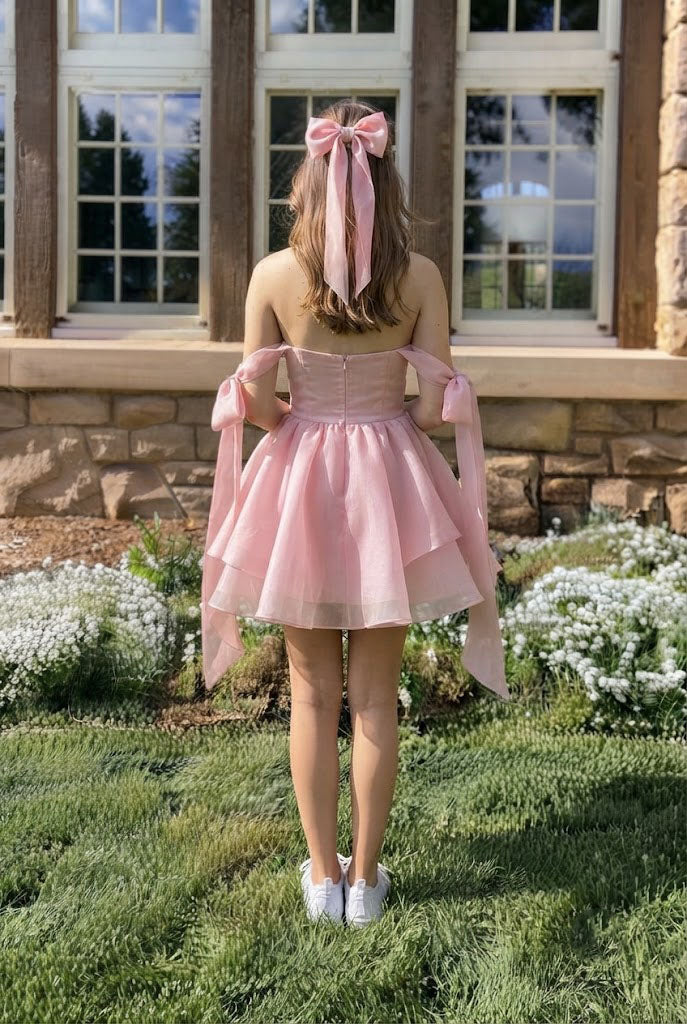 Cute Strapless Pink Organza Homecoming Dress with Bows Pretty Mini Party Gown,HD1293