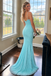 Unique Light Blue Cowl Neck Beaded Long Prom Dress,OLP2491