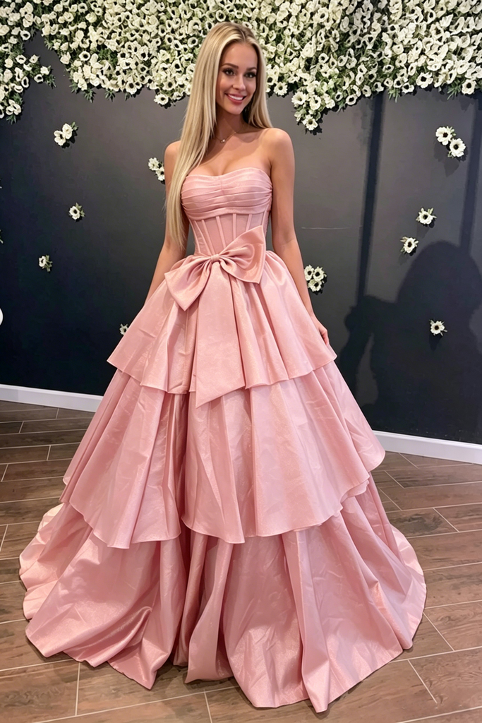 Unique Strapless Corset Gold Pleated Ruffled Gown with Big Bow for Prom,OLP2208