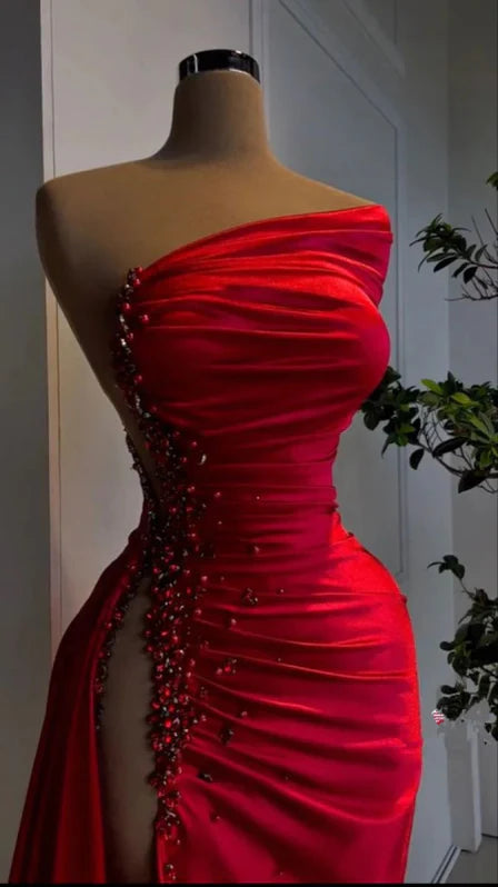Modern Red Satin One Shoulder High Slit Beaded Prom Dress,OLP2283