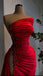 Modern Red Satin One Shoulder High Slit Beaded Prom Dress,OLP2283