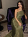 Elegant Green One-Shoulder Mermaid Side Slit Long Prom Dress Ideas, Evening Party Dresses, OLP1249