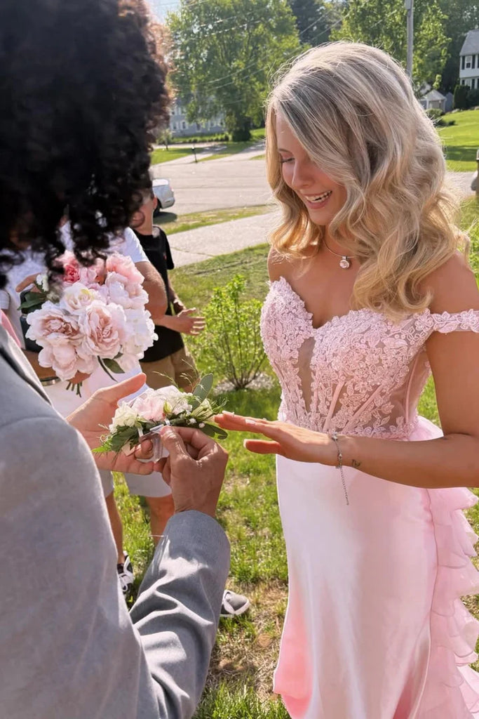 Elegant Floral Pink Off Shoulder Mermaid Long Prom Dress Ideas, Evening Party Dresses, OLP1685