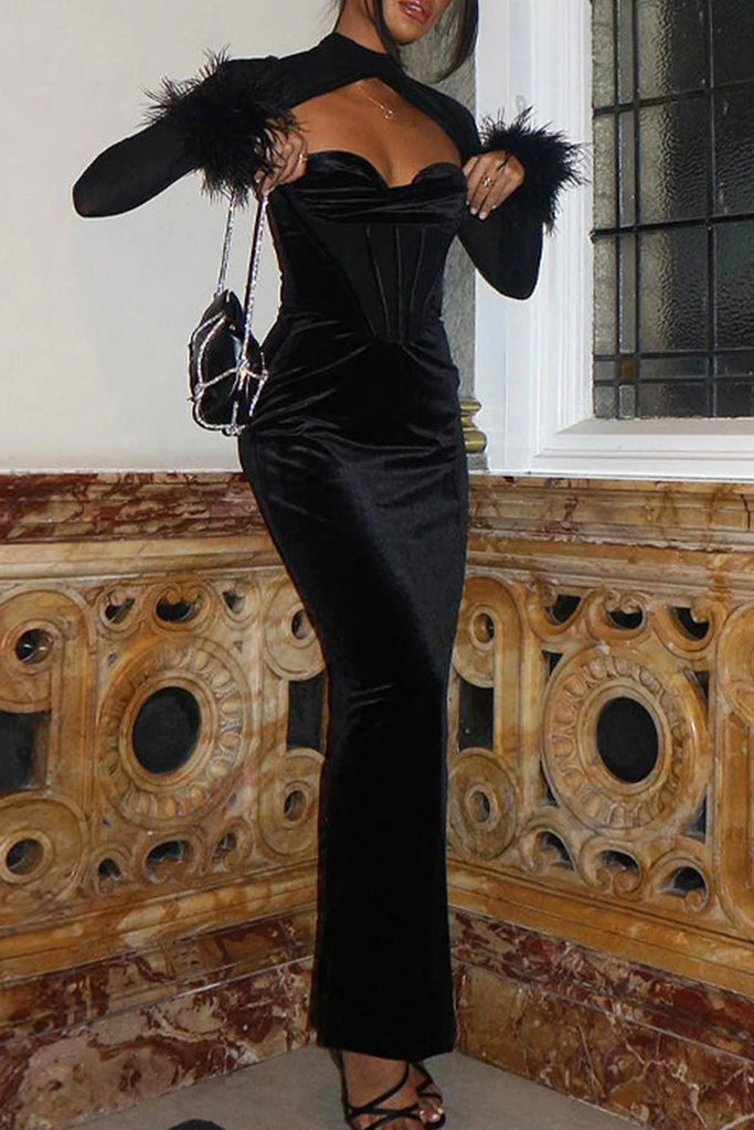 Sexy Pink Velvet Long Sleeve Mermaid Long Prom Dress Ideas, Evening Party Dresses, OLP1398