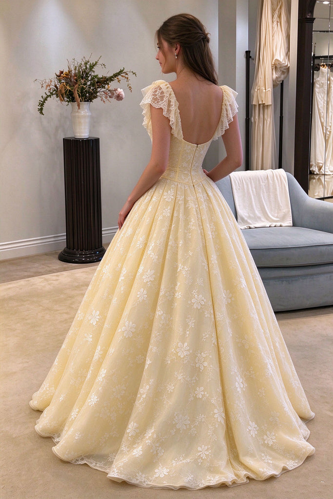 Classy Yellow Lace Flutter Sleeve A-Line Prom Dress,OLP2450