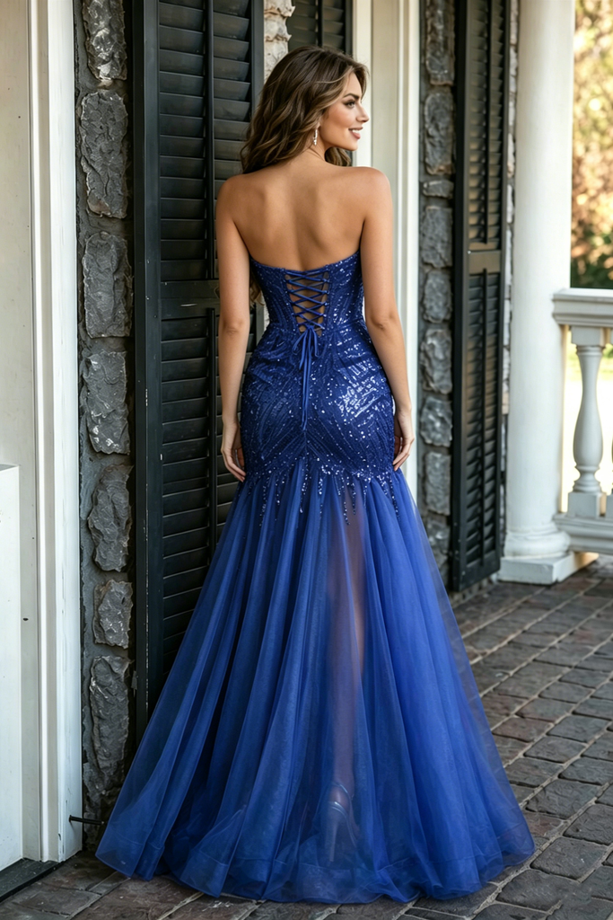 Sparkling Royal Blue Sequin Prom Dress Sweetheart Plunge Slit Tulle Formal Gown,OLP2238
