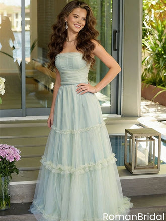Elegant Strapless Mint Green Tulle Ball Gown Tiered Ruffle Prom Dress,OLP2141