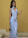 Fancy Blue Floral Sequin Prom Dress Halter Neck Backless Slim Fit Formal Gown,OLP2073
