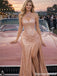 Classy Rose Gold Sequin Gala Gown Criss Cross Halter Neck High Slit Dress,OLP1907