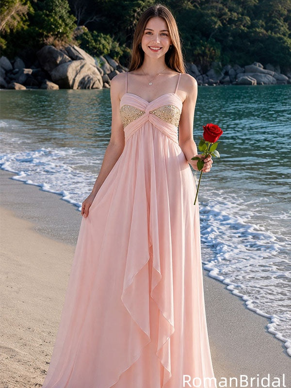 Elegant Pink A Line Chiffon Prom Dress Fancy Gold Embellished Bodice Maxi Dress,OLP2287