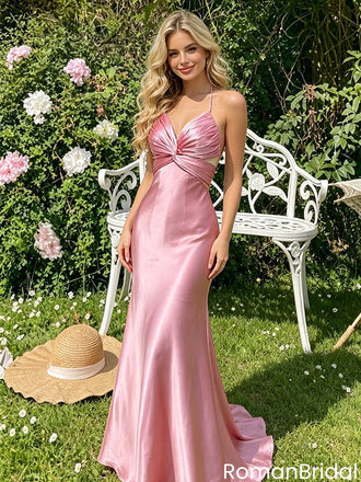 Pink Vintage Halter Mermaid Prom Dress with Unique Twisted Top,OLP2186