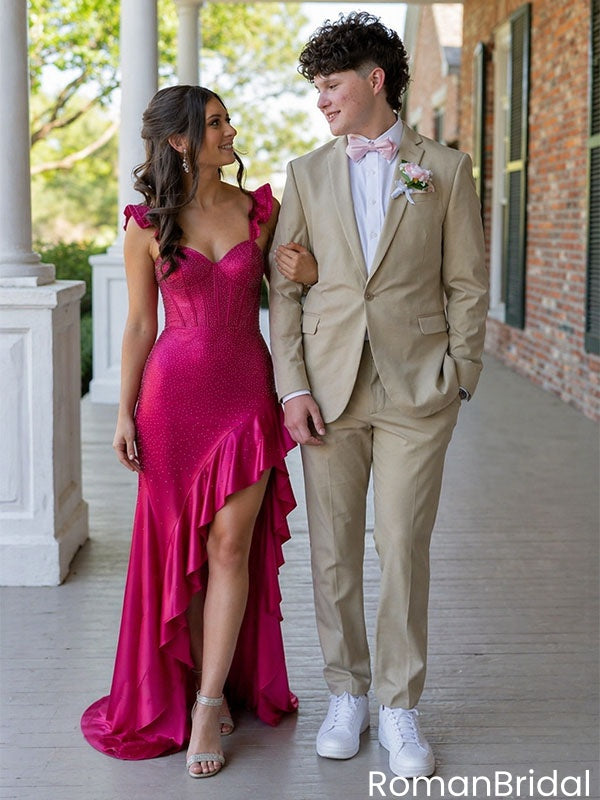 Sparkly Fuchsia Sequin High-Low Prom Dress with Ruffles,OLP2228