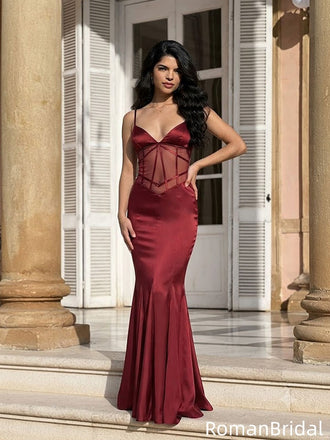 Sexy Burgundy Spaghetti Strap Corset Mermaid Long Prom Dress Sheer Satin Gown,OLP2360
